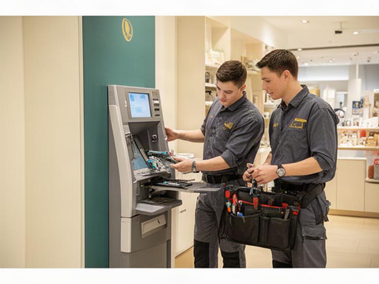 ATM service technicians inspecting a cash machine inside a Singapore retail site