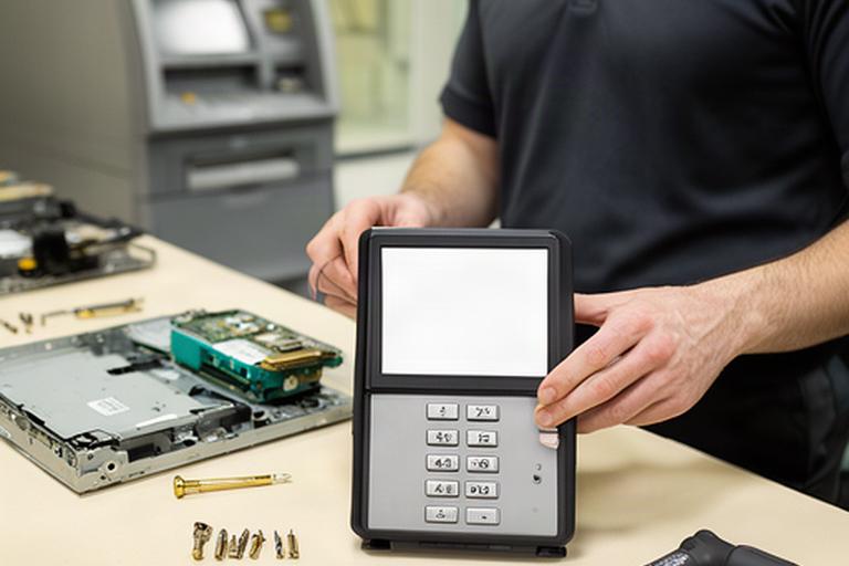 ATM technician testing a replacement PIN pad and display at a commercial service counter