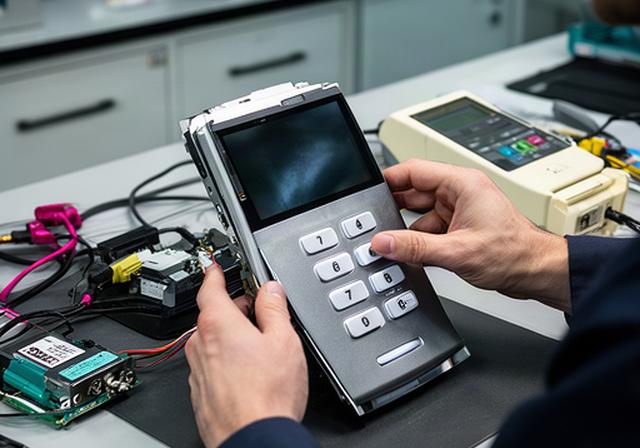 ATM repair specialist testing an encrypting PIN pad and LCD display in a controlled workshop