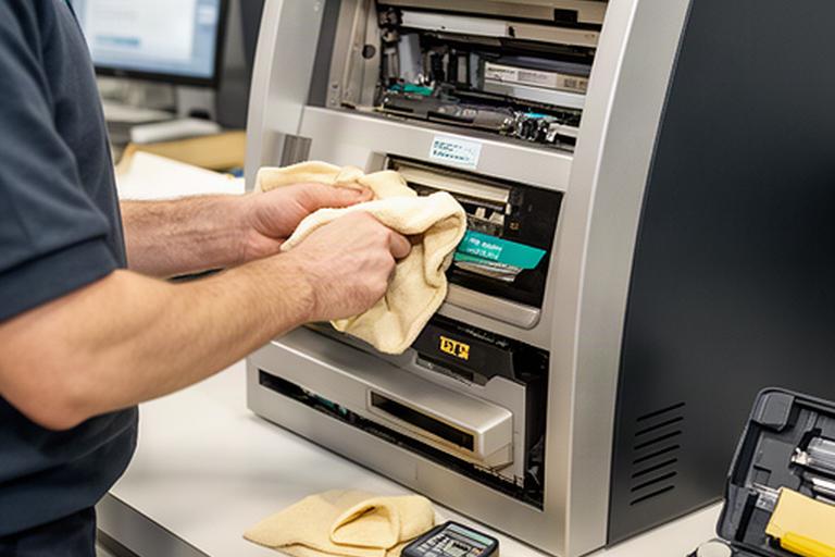 Technician cleaning and calibrating an ATM card reader during scheduled maintenance
