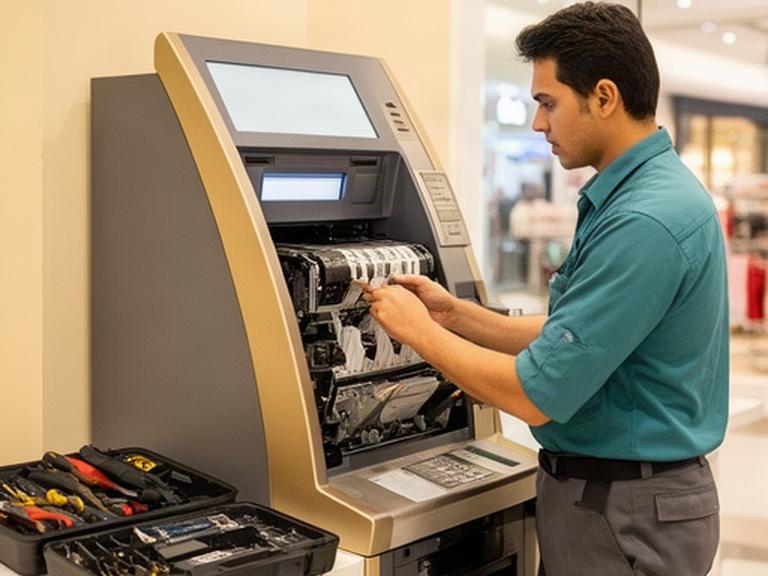 ATM service technician inspecting a cash dispenser inside a Singapore retail site